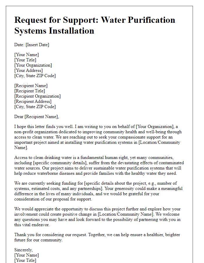 Letter template of charity request for water purification systems installation.