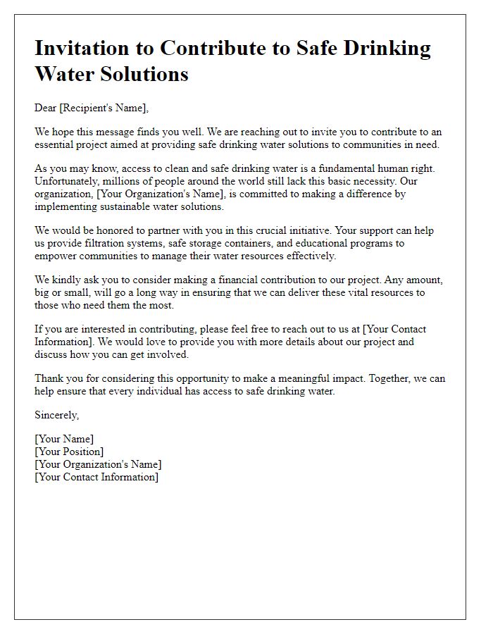 Letter template of contribution invitation for safe drinking water solutions.