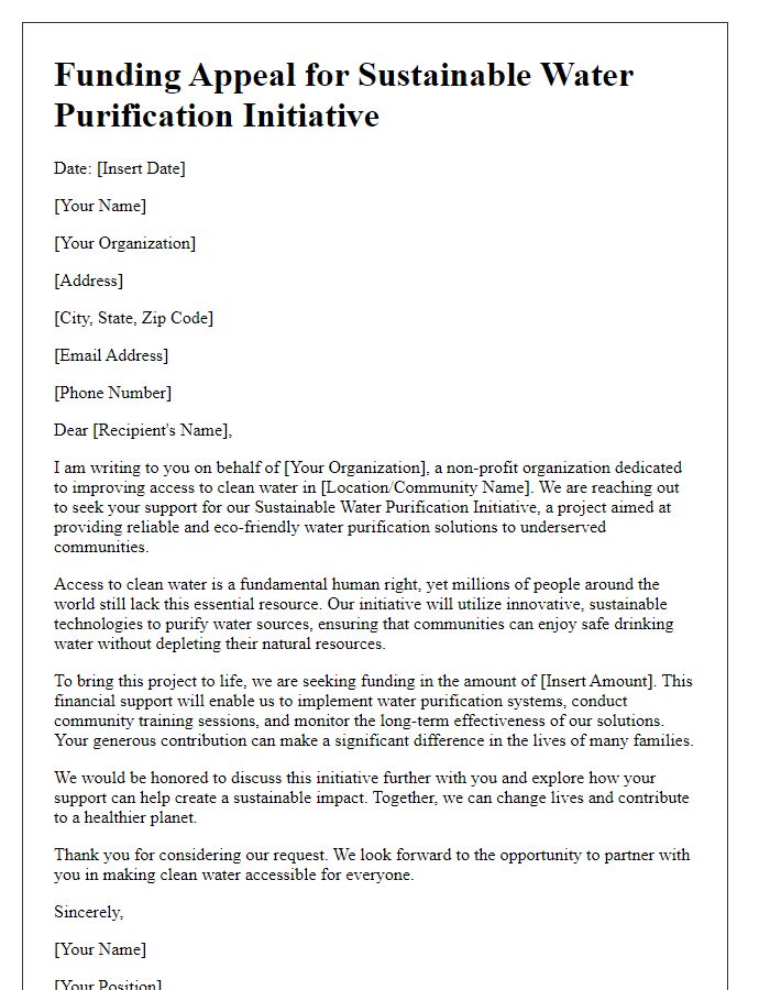 Letter template of funding appeal for sustainable water purification initiative.