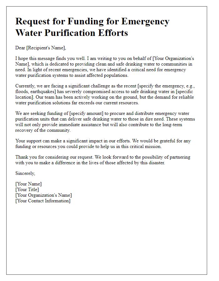 Letter template of outreach communication for emergency water purification funding.