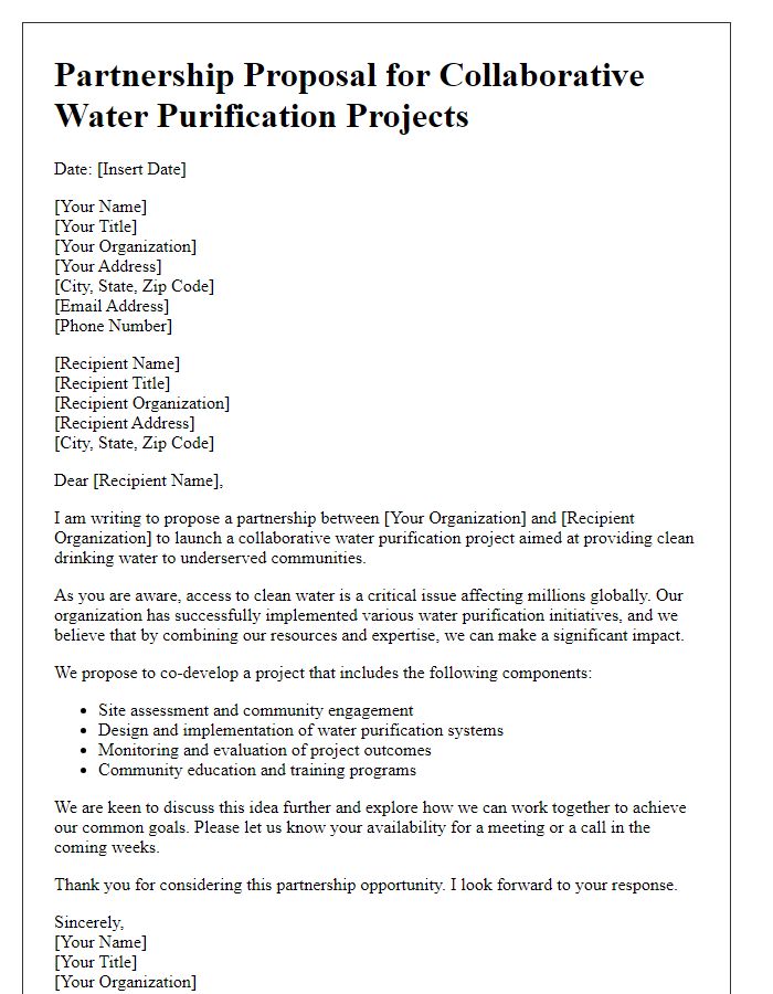 Letter template of partnership proposal for collaborative water purification projects.