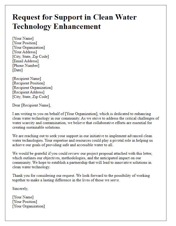 Letter template of solicitation for support in clean water technology enhancement.