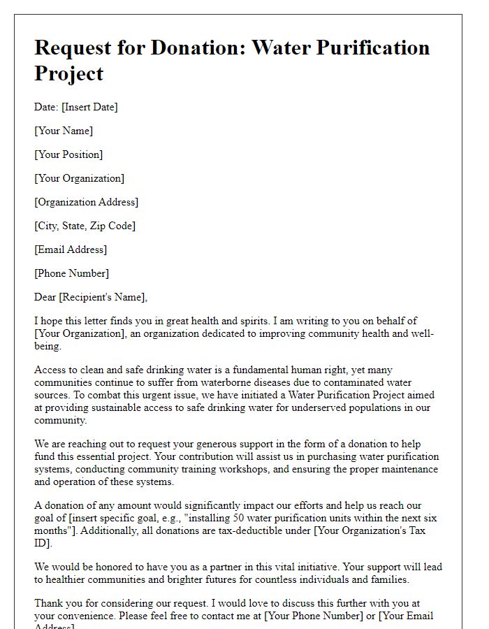 Letter template of water purification project donation request for community health.