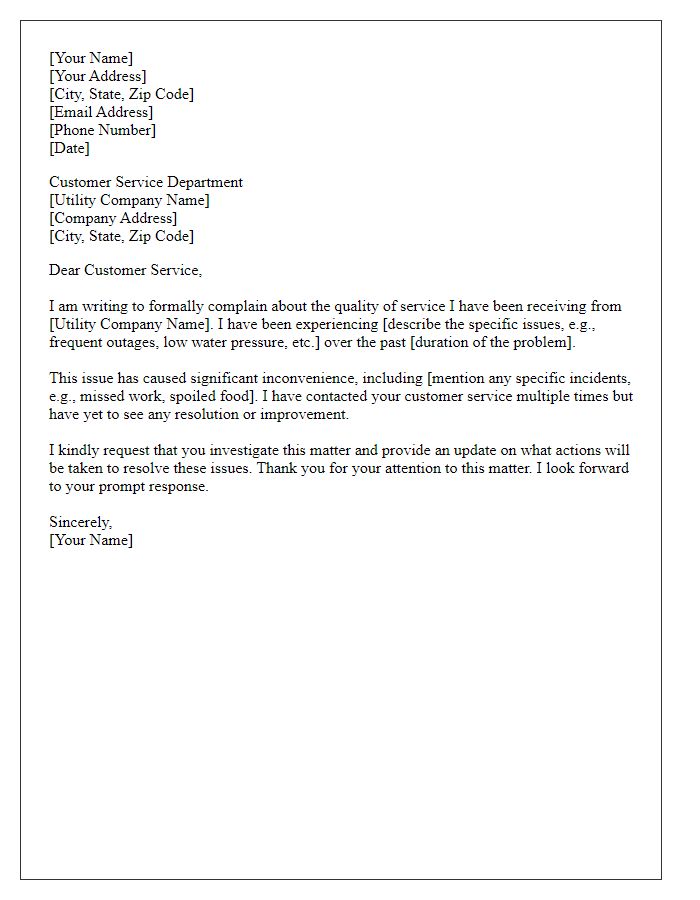 Letter template of utility service complaint about service quality issues.