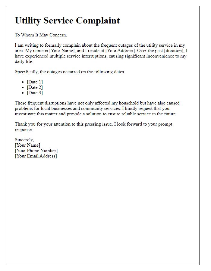 Letter template of utility service complaint due to frequent outages.