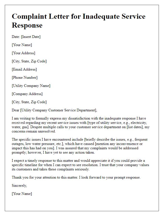 Letter template of utility service complaint for inadequate service response.