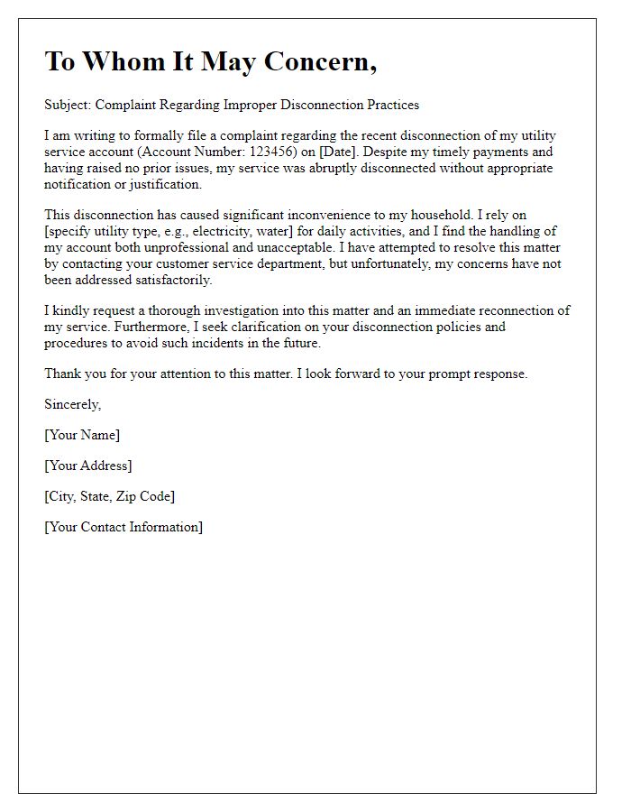 Letter template of utility service complaint on improper disconnection practices.