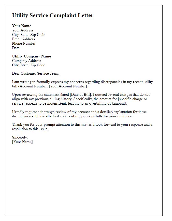 Letter template of utility service complaint regarding billing discrepancies.