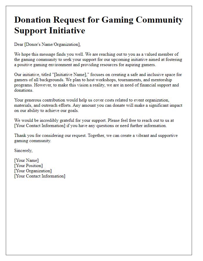 Letter template of donation request for gaming community support initiative.