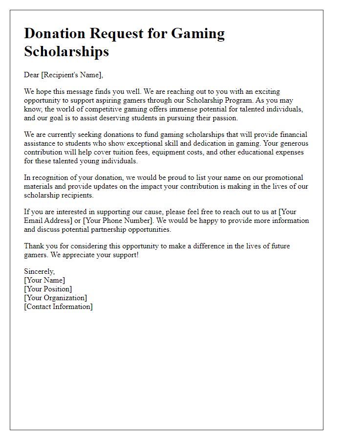 Letter template of donation request for gaming scholarships for students.