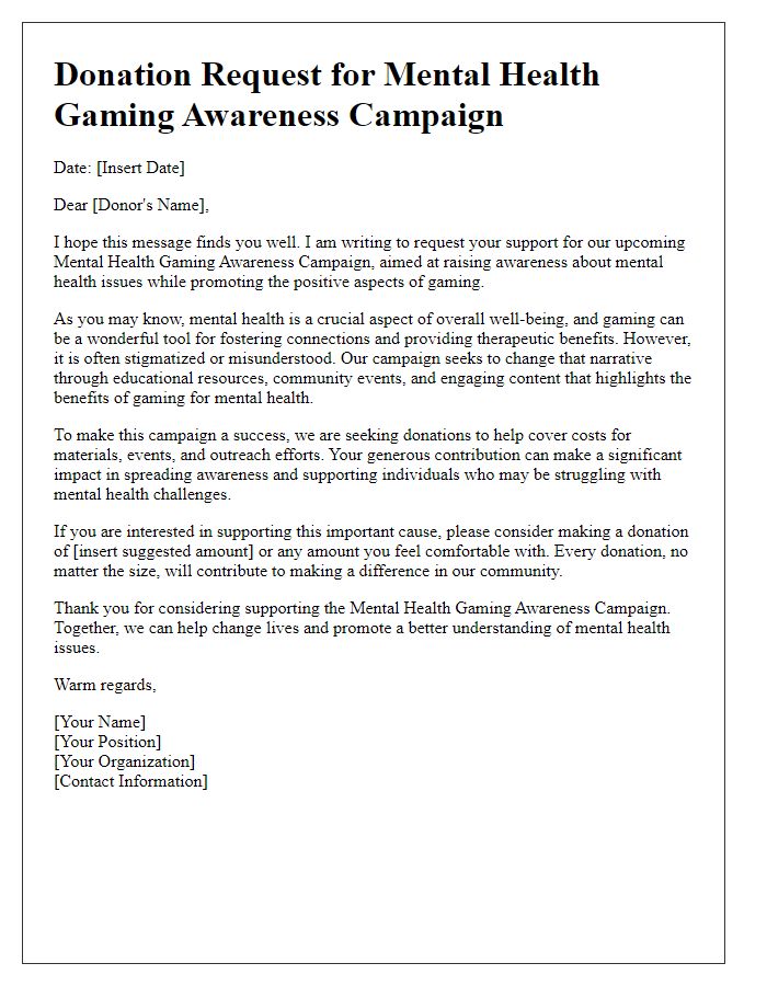 Letter template of donation request for mental health gaming awareness campaign.