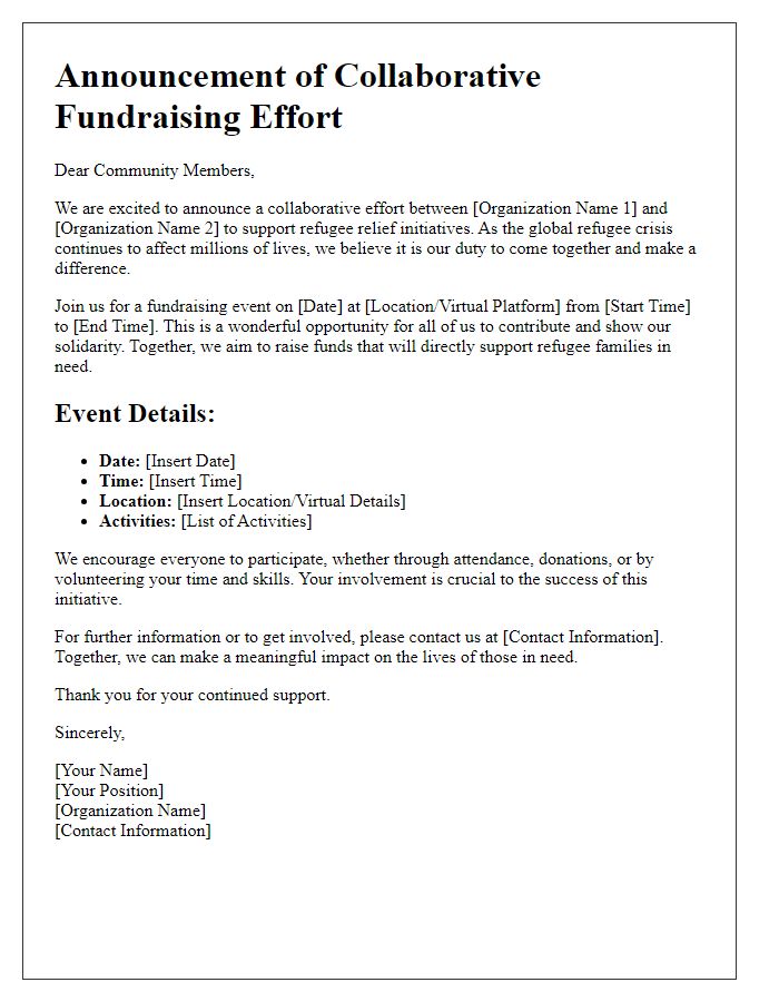 Letter template of a collaborative effort announcement for joint refugee relief fundraising.