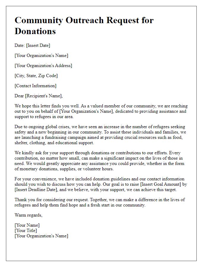 Letter template of a community outreach request for donations towards refugee assistance.