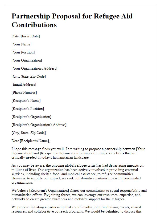 Letter template of a corporate partnership proposal for refugee aid contributions.