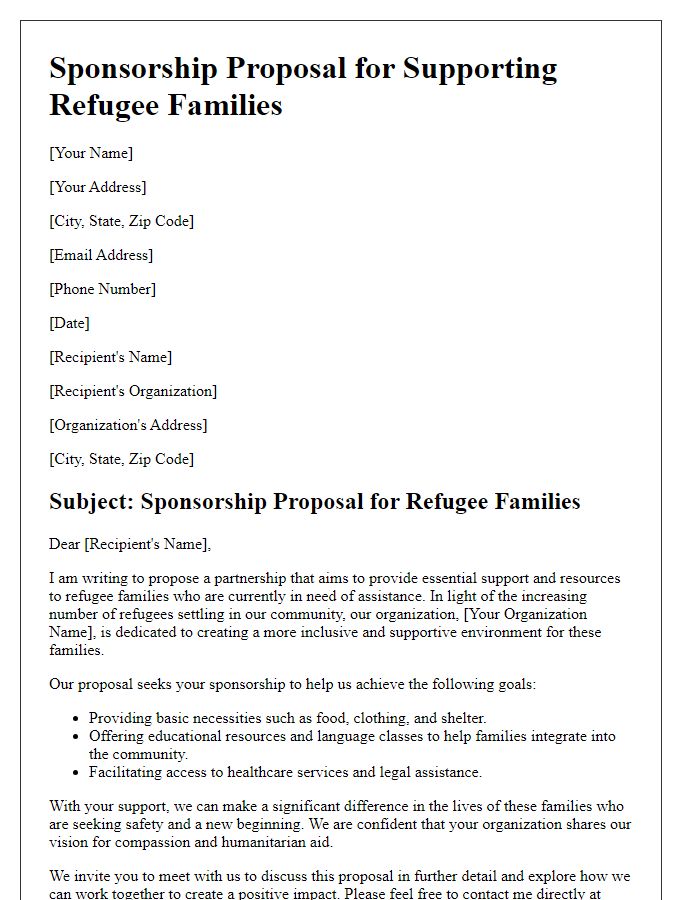 Letter template of a sponsorship proposal for supporting refugee families.