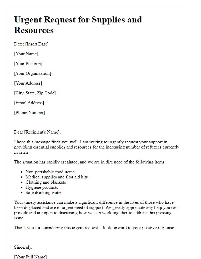 Letter template of an urgent request for supplies and resources for refugees.