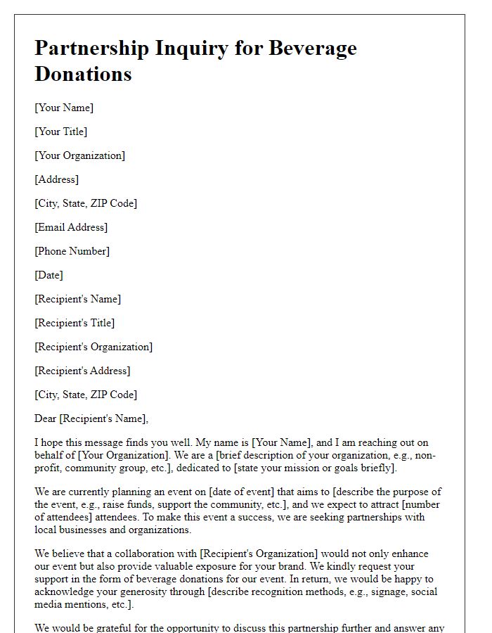 Letter template of partnership inquiry for beverage donations