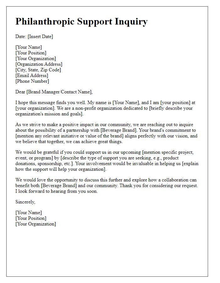 Letter template of philanthropic support inquiry to beverage brands