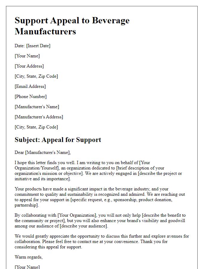 Letter template of support appeal to beverage manufacturers