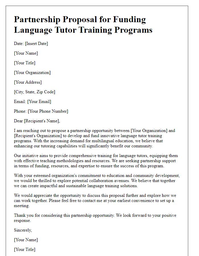 Letter template of initiative for partnerships in funding language tutor training programs.