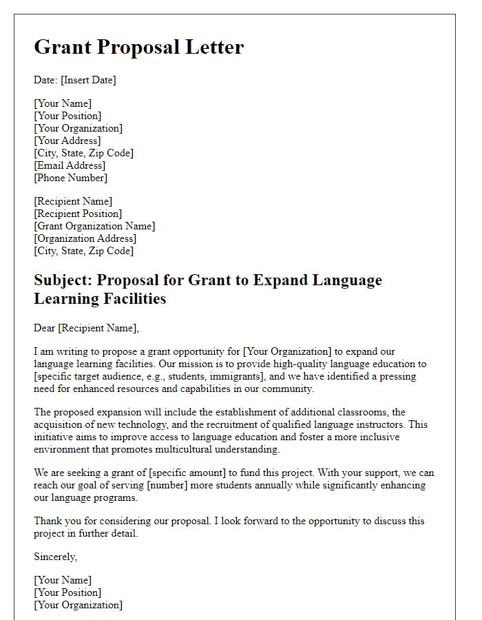 Letter template of proposal for grants to expand language learning facilities.