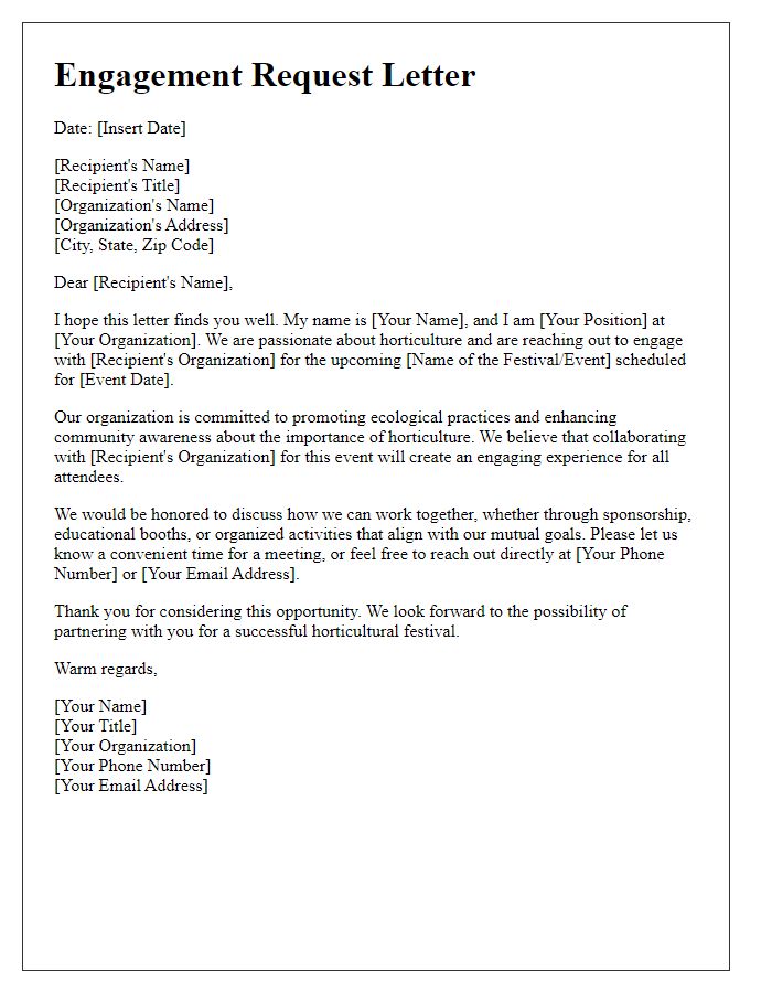 Letter template of engagement request for horticultural festivals and events.