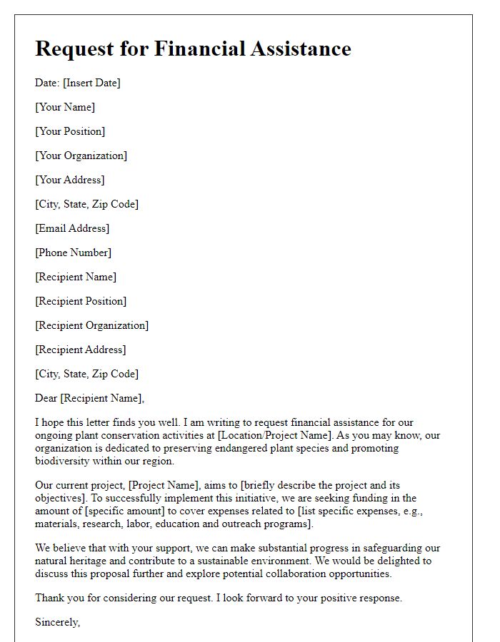 Letter template of financial assistance request for plant conservation activities.