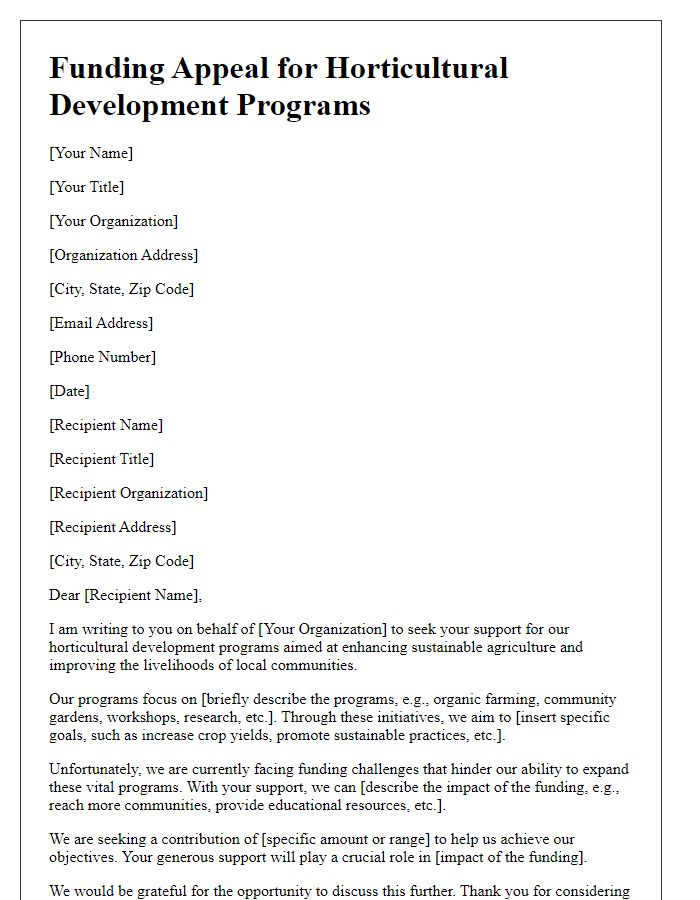 Letter template of funding appeal for horticultural development programs.