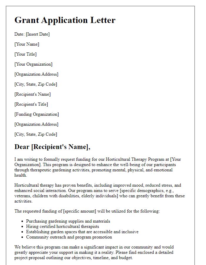 Letter template of grant application for horticultural therapy programs.