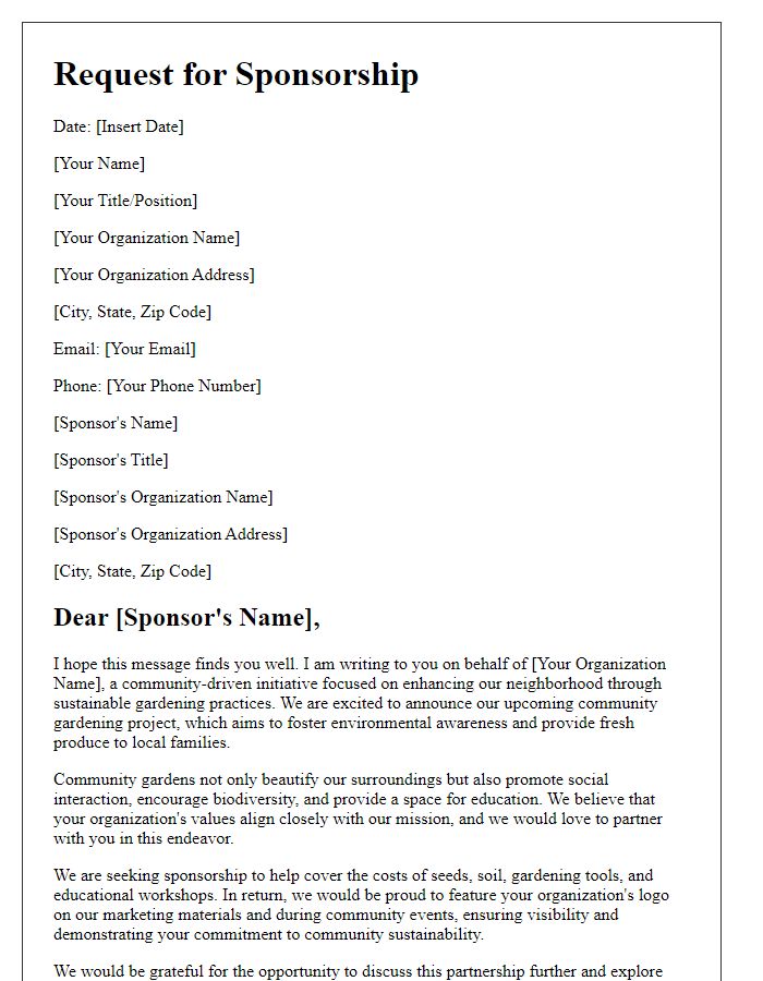 Letter template of sponsorship request for community gardening initiatives.