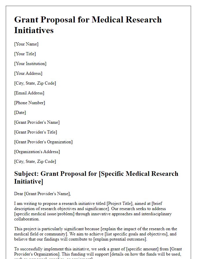 Letter template of grant proposal for medical research initiatives