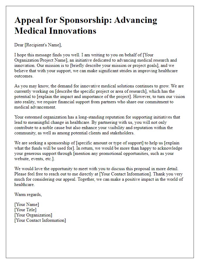 Letter template of sponsorship appeal for medical advancements