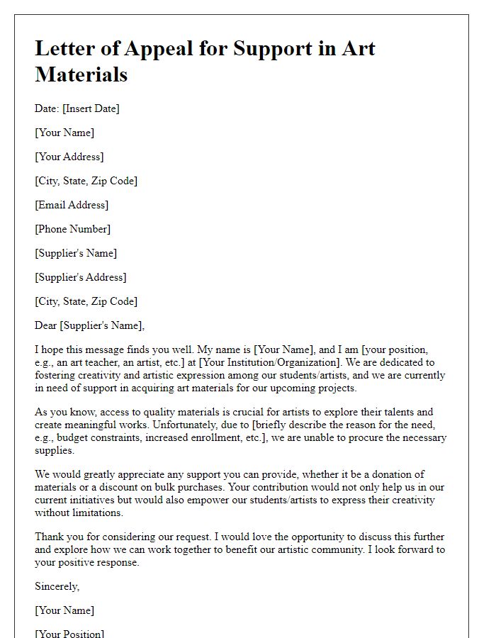 Letter template of appeal for support in art materials from suppliers