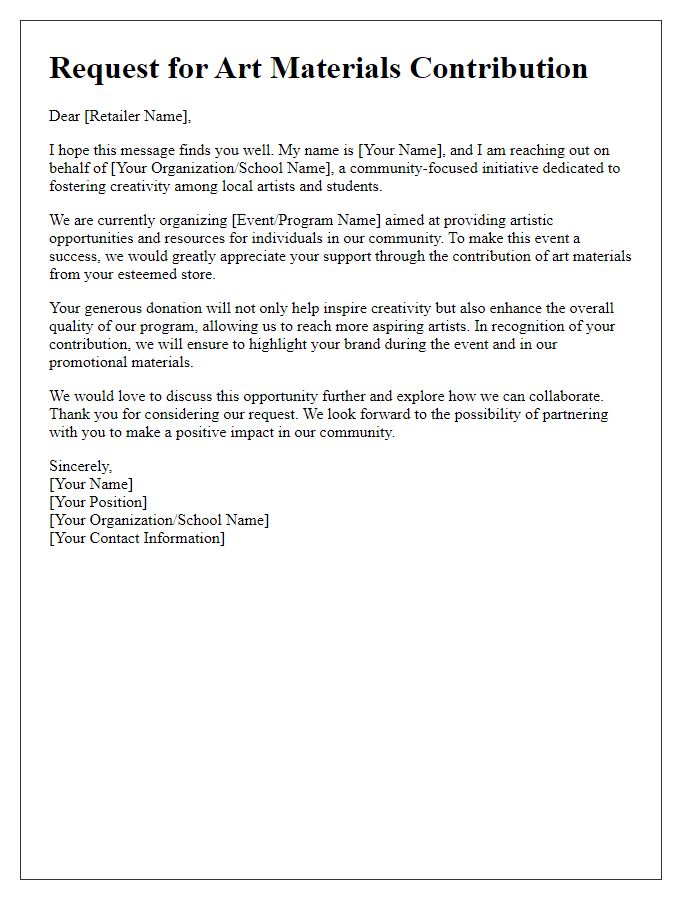 Letter template of outreach for art materials contribution from retailers