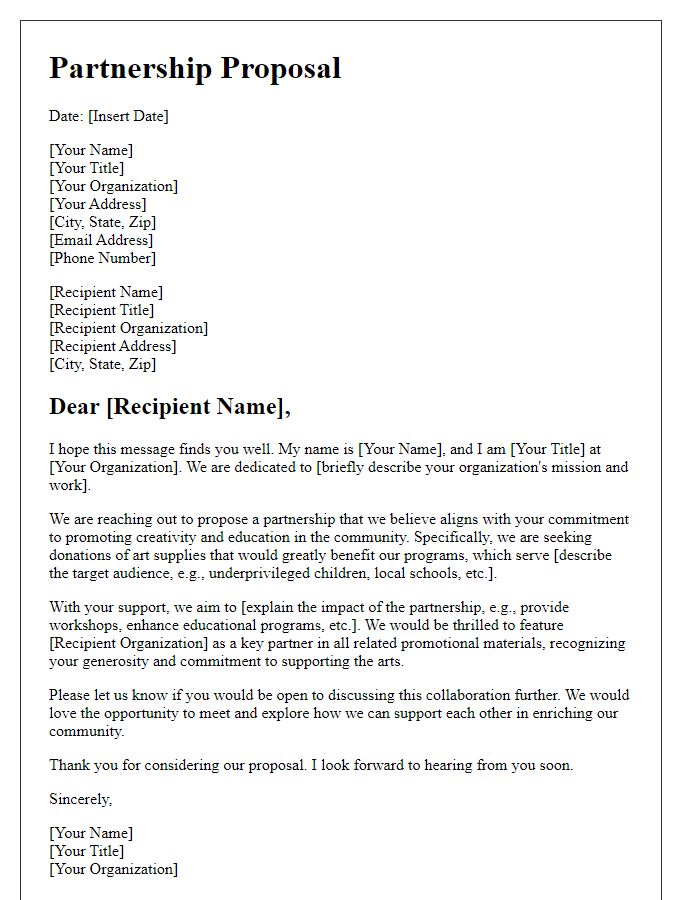 Letter template of partnership proposal for art supply donations