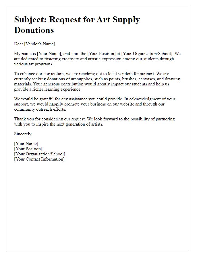 Letter template of solicitation for art supply donations from vendors