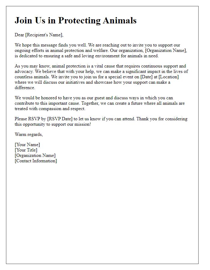 Letter template of invitation to support our animal protection endeavors.