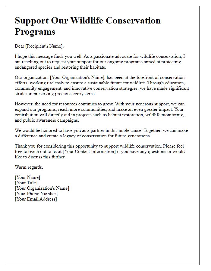 Letter template of plea for support in our wildlife conservation programs.