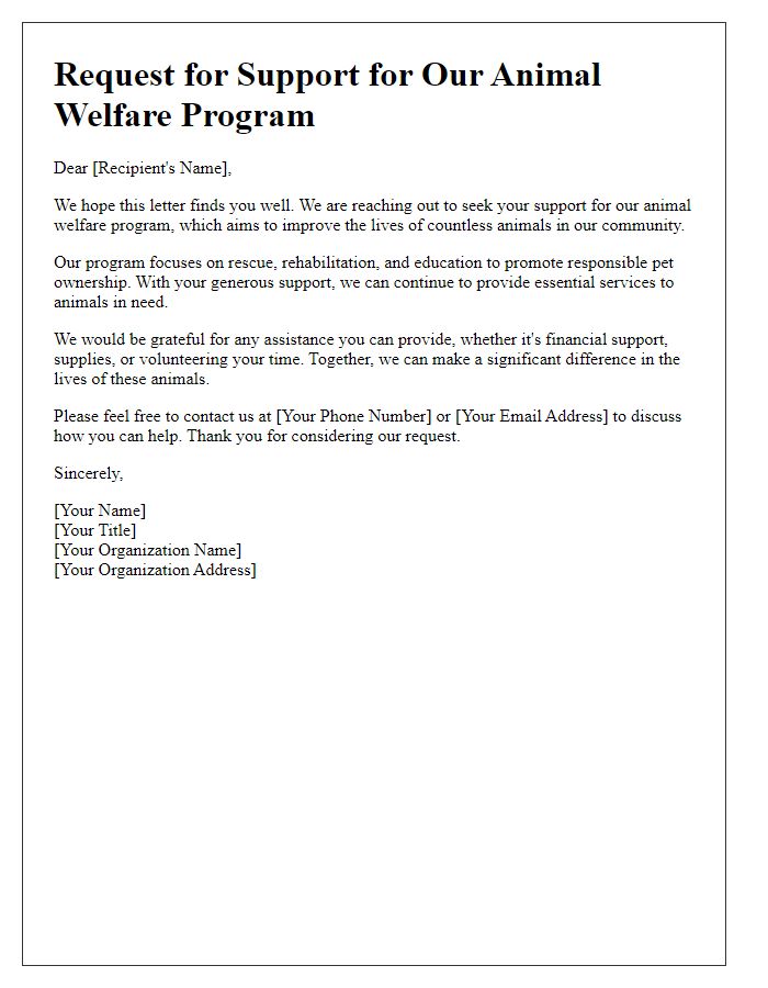 Letter template of request for support for our animal welfare program.