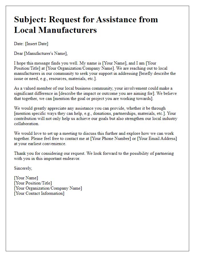 Letter template of plea for assistance from manufacturers in our local area