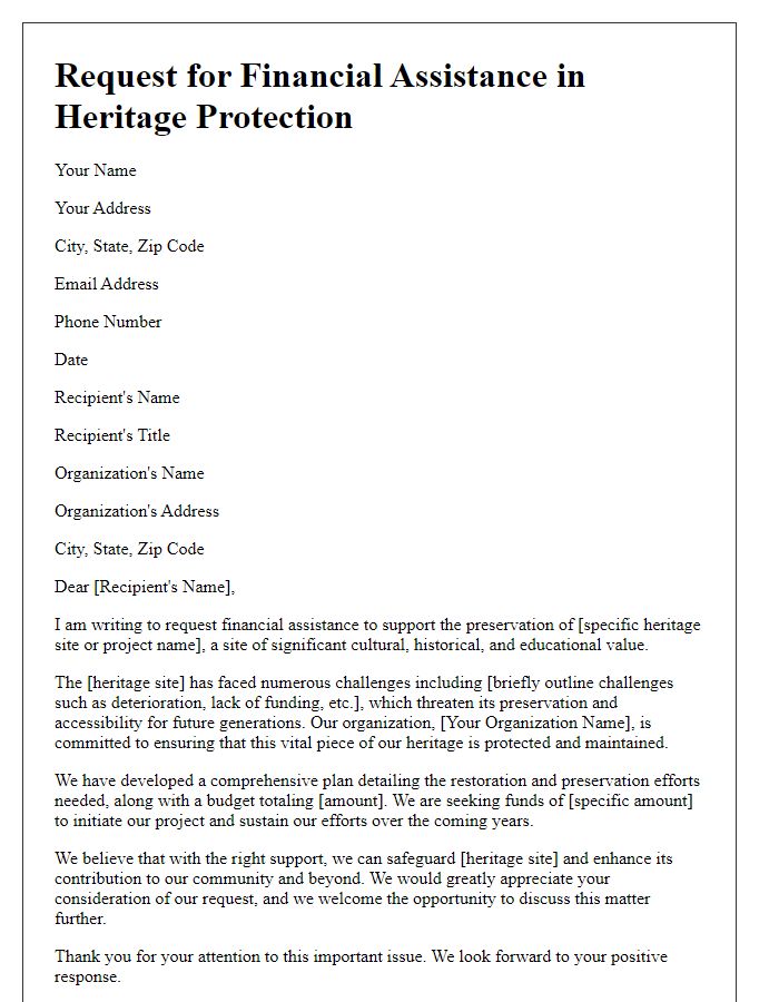 Letter template of request for financial assistance in heritage protection.