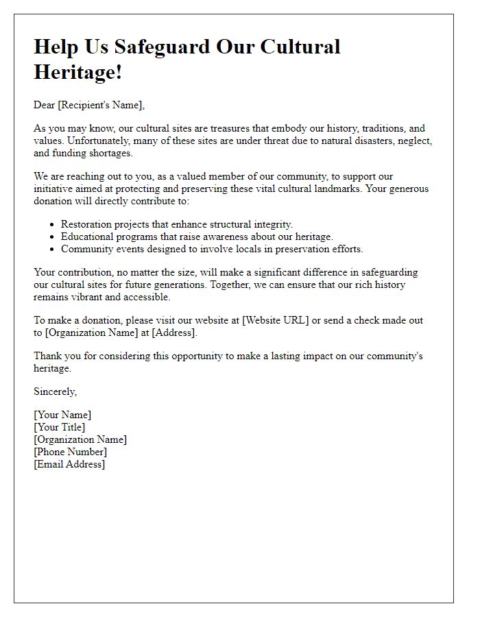 Letter template of solicitation for donations to safeguard cultural sites.