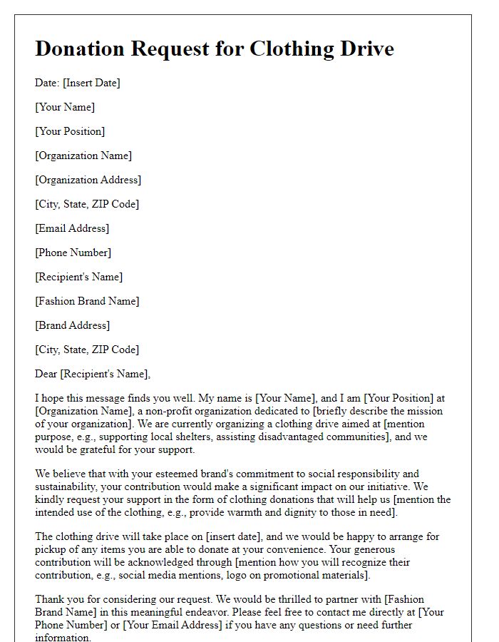 Letter template of donation request for clothing drive to fashion brands