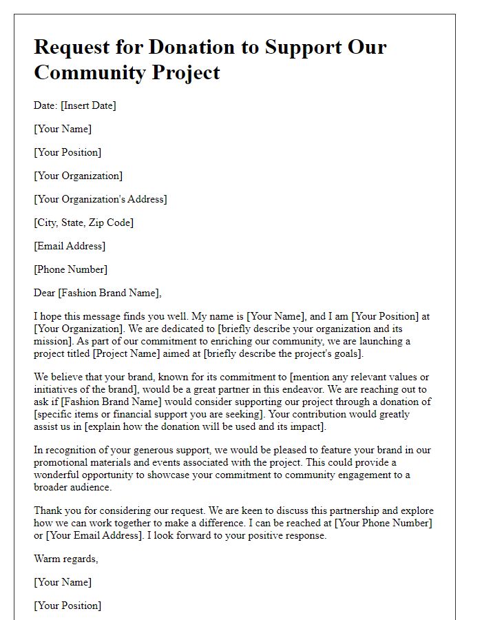 Letter template of donation request for community support project to fashion brands