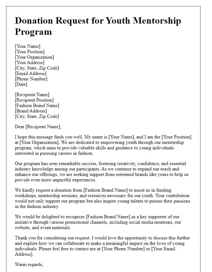 Letter template of donation request for youth mentorship program to fashion brands