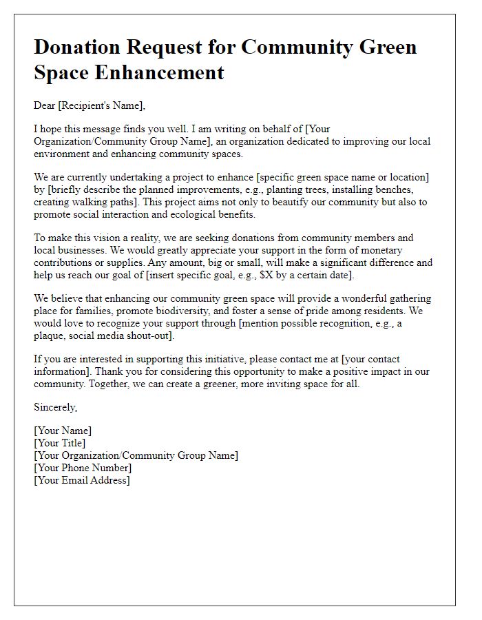 Letter template of donation request for community green space enhancement