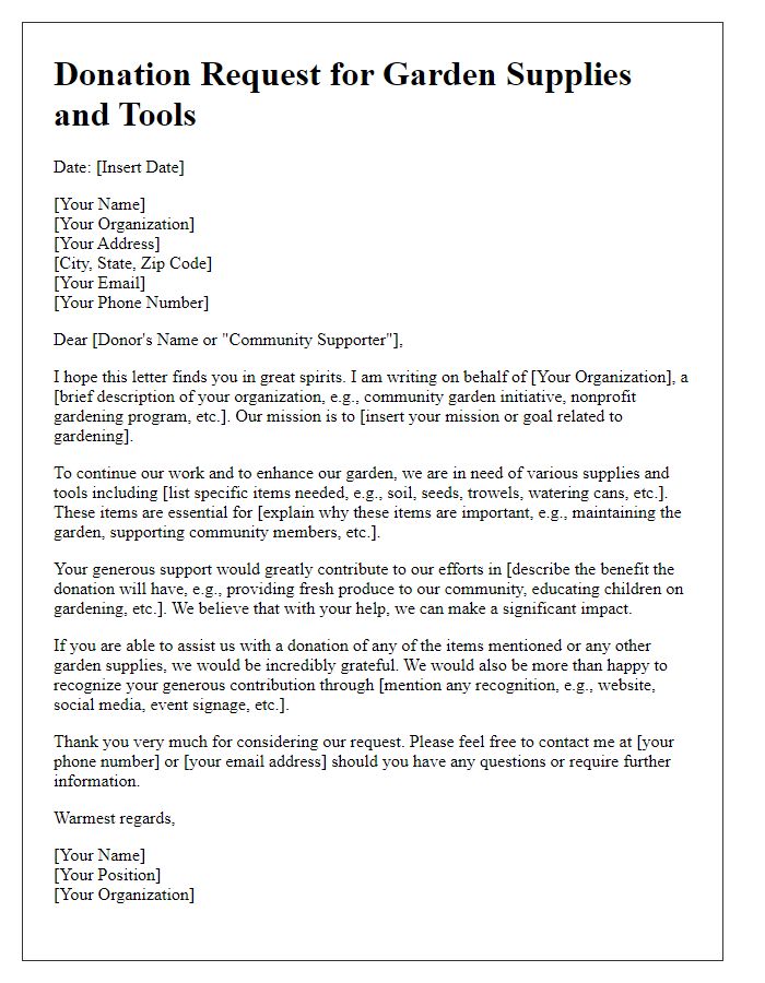 Letter template of donation request for garden supplies and tools