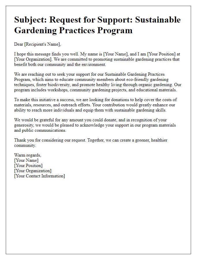 Letter template of donation request for sustainable gardening practices program