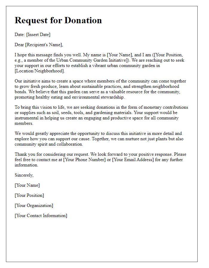 Letter template of donation request for urban community garden initiative