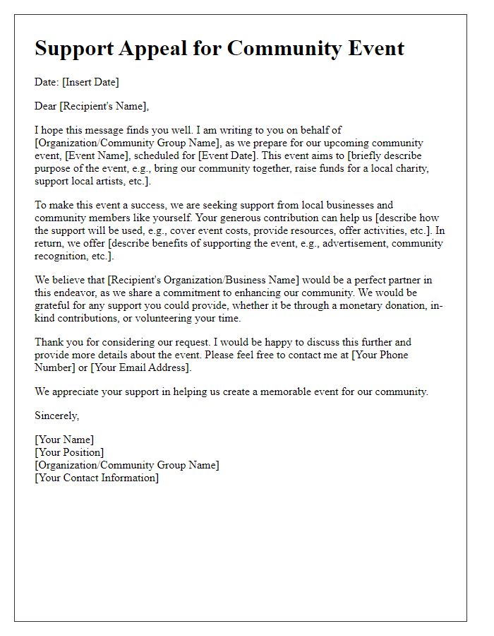 Letter template of support appeal for community event organizers